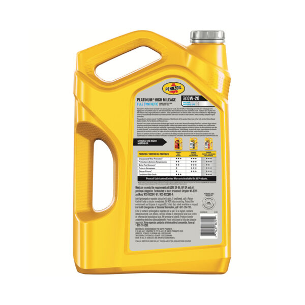 Pennzoil Platinum High Mileage Full Synthetic 0W-20 Motor Oil, 5 Quart - Image 2