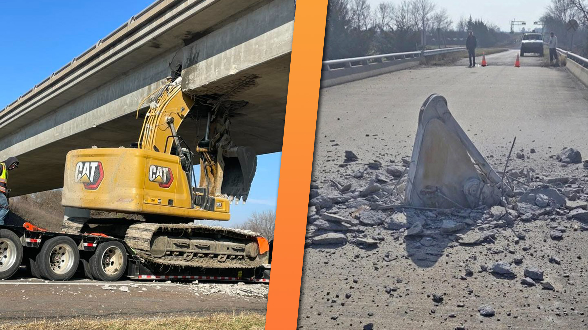 Excavator in Transport Hits Bridge So Hard the Arm Punches Through the Road Above